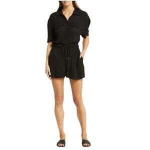 Elan Short Sleeve Romper Tie Waist with Pockets Black Small New‎